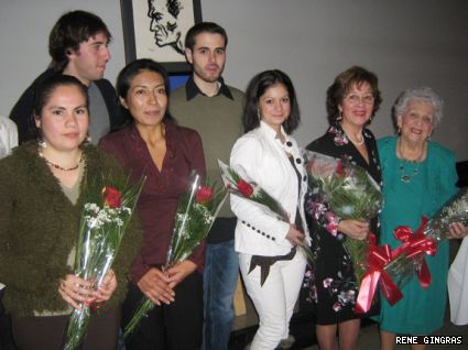 After the tribute to Cesar Vallejo, students (from left, back row) Sergio Saveliovsky and Douglas Smith and (front row) Danitza Campos, Katherine Simon and Bianca-Elena Boingiu joined their professor Lady Rojas Benavente and Peruvian poet, Yolanda de América.